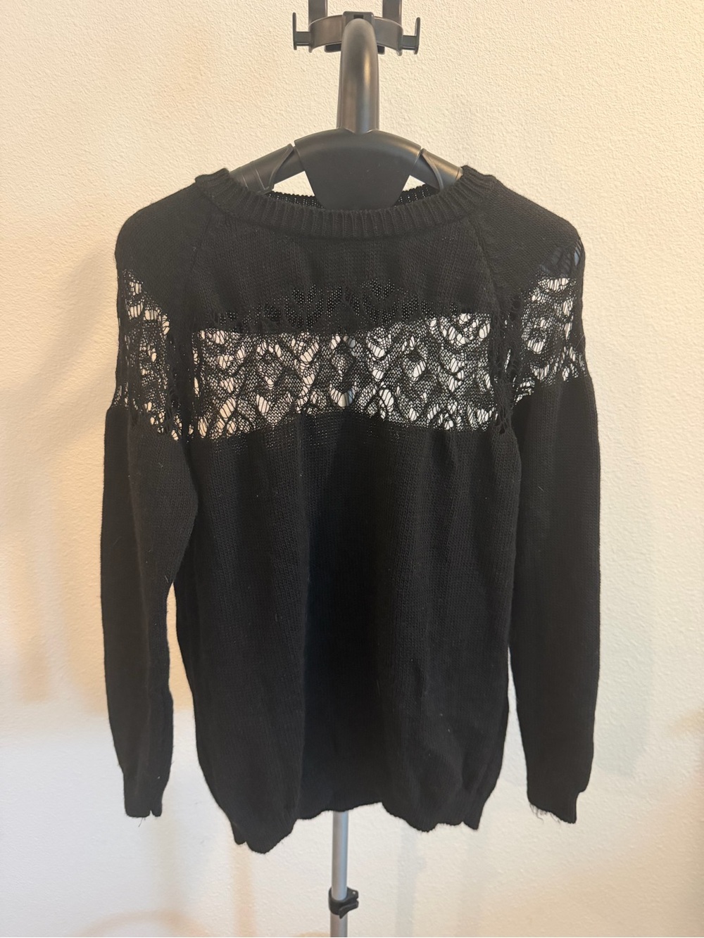 Black Lace-Yoke Crewneck Sweater - Women